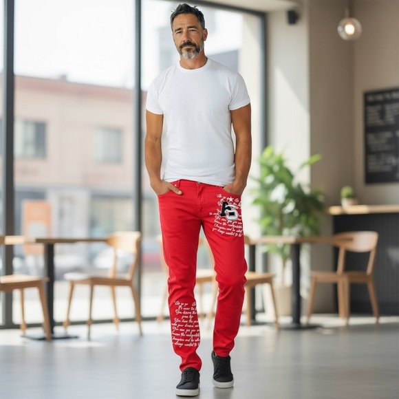Trestles Men’s Red Pants Size 46 Graphic Print Streetwear Jeanetix Apparel - Picture 1 of 16
